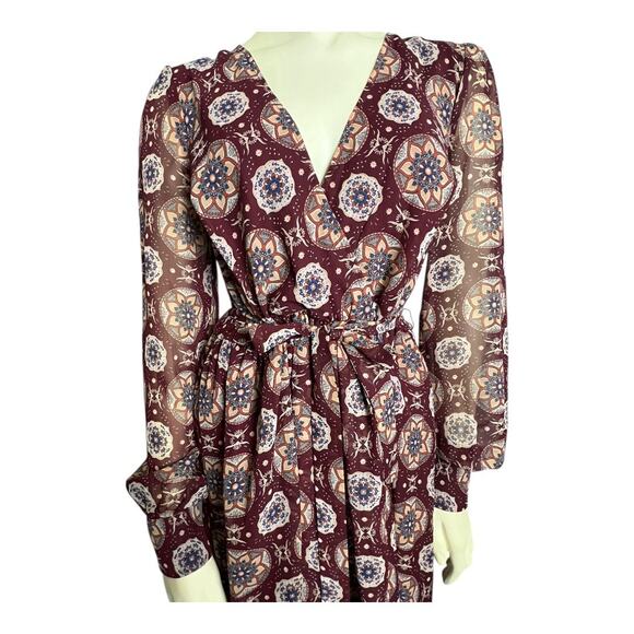 Lulus Art And Soul Print Long Sleeve Hi Low Maxi Dress Burgundy Women's S Boho - Picture 7 of 11